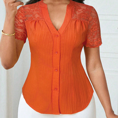 Women's V-Neck Lace Sleeve Button Down Summer Blouse🌸 Effortless Elegance, Everyday Style! 🌸
