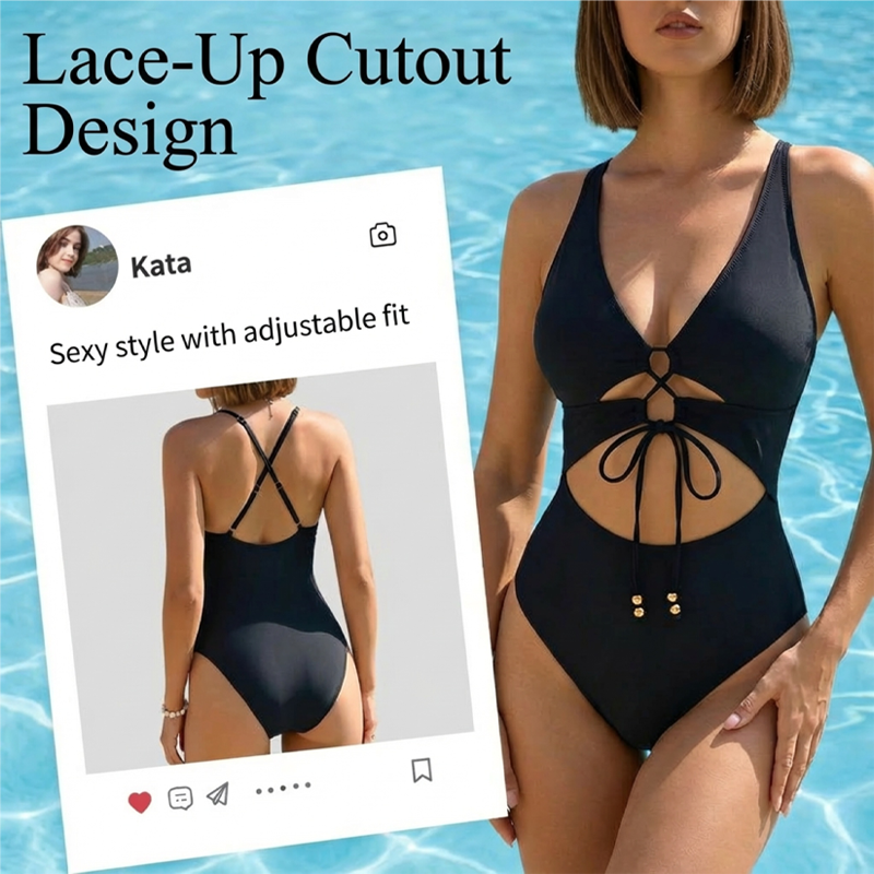 Lace-Up Front Monokini Beachwear with Cutouts 👙✨Show Off Your Charm