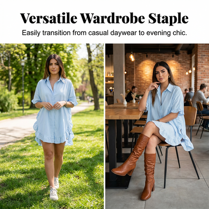 🔥Hot Deals-Women's Oversized Button-Down Mini Dress with Ruffle Hem✨ Effortless Summer Vibes🌞
