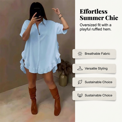 🔥Hot Deals-Women's Oversized Button-Down Mini Dress with Ruffle Hem✨ Effortless Summer Vibes🌞
