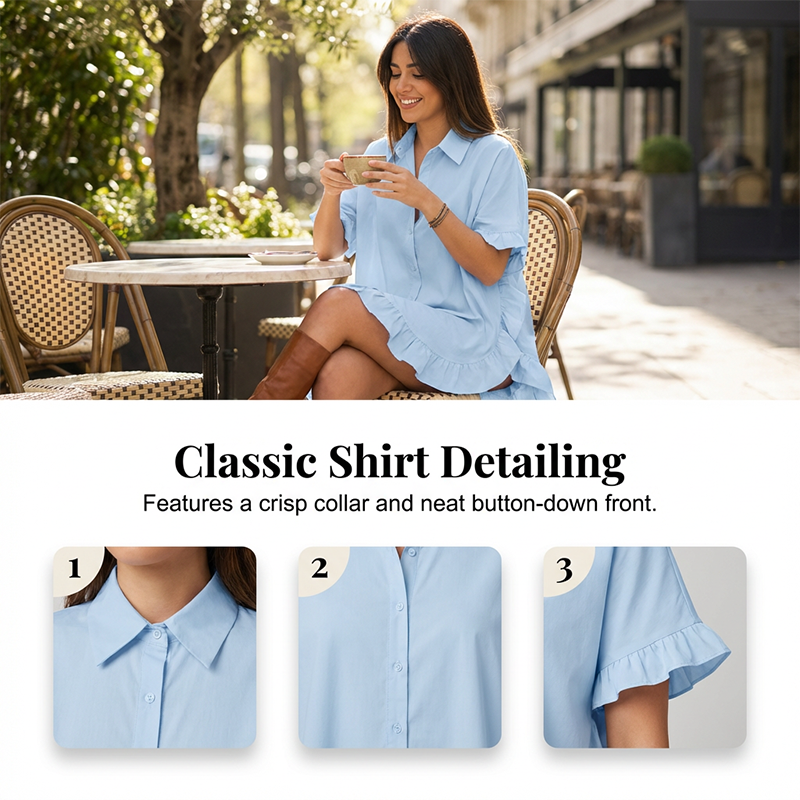 🔥Hot Deals-Women's Oversized Button-Down Mini Dress with Ruffle Hem✨ Effortless Summer Vibes🌞