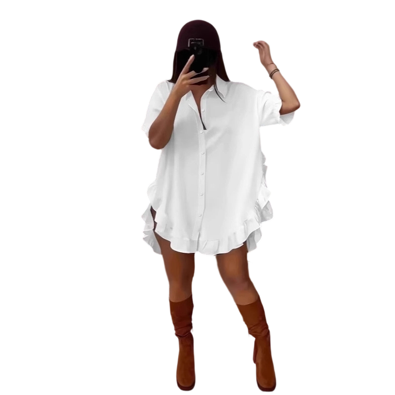 🔥Hot Deals-Women's Oversized Button-Down Mini Dress with Ruffle Hem✨ Effortless Summer Vibes🌞