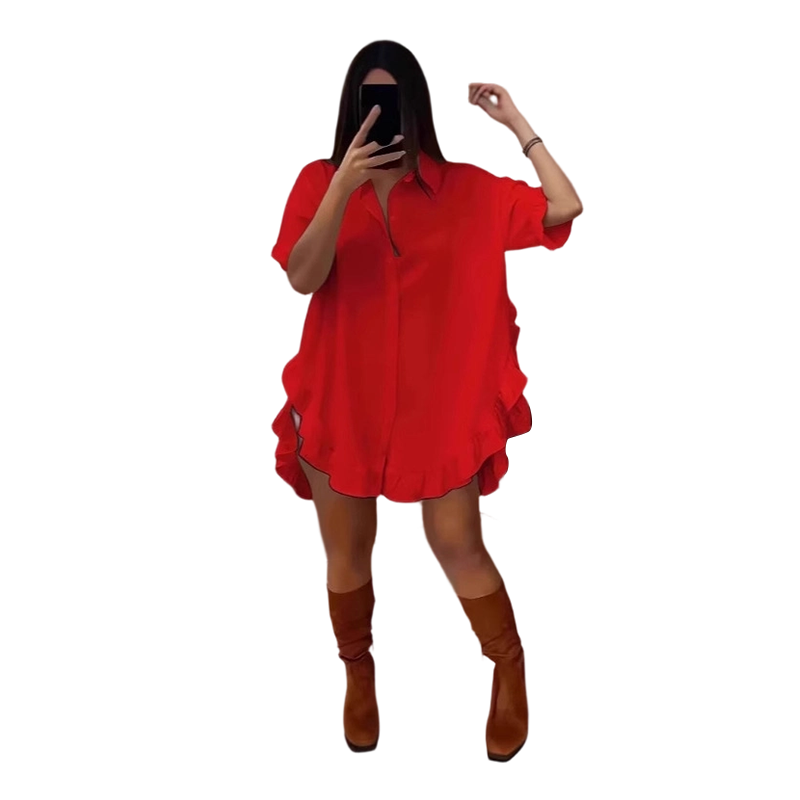 🔥Hot Deals-Women's Oversized Button-Down Mini Dress with Ruffle Hem✨ Effortless Summer Vibes🌞