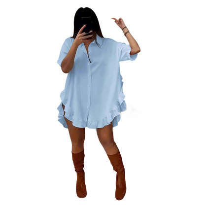 🔥Hot Deals-Women's Oversized Button-Down Mini Dress with Ruffle Hem✨ Effortless Summer Vibes🌞