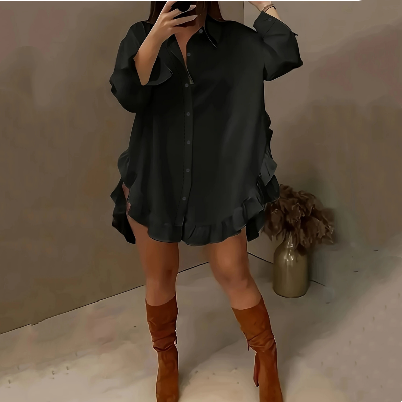 🔥Hot Deals-Women's Oversized Button-Down Mini Dress with Ruffle Hem✨ Effortless Summer Vibes🌞