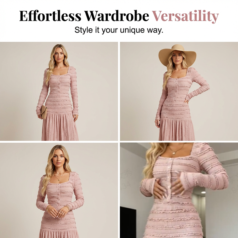 🌸💕 Effortlessly Elegant – The Square Neck Ruffle Maxi Dress ✨