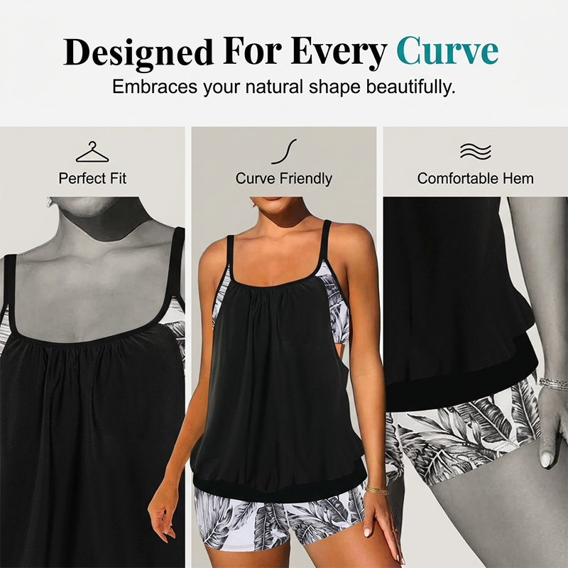 🌴Women's Two-Piece Blouson Tankini with Shorts – Swim, Surf & Lounge In Style👙
