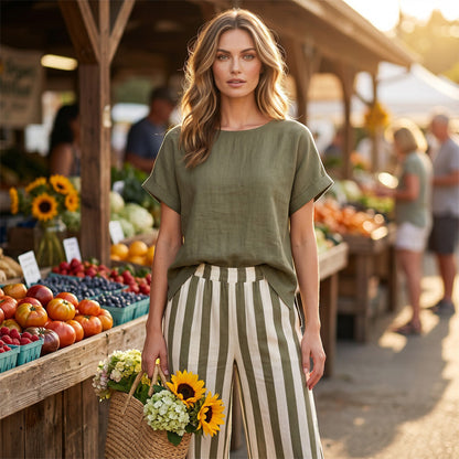 🌿 Effortless Weekend Style – Women's Casual Solid Top & Striped Wide-Leg Pants You’ll Adore👖👚