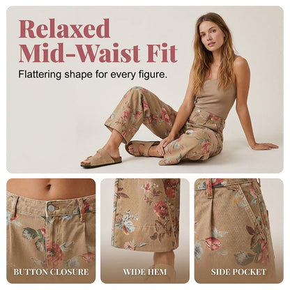 🌿HOT DEAL 51% OFF! 👖 Women’s Cropped Jeans – Chic Floral Print & Relaxed Wide-Leg Fit ☀️✨