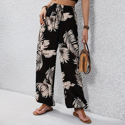 ✨Limited-time 50% Off -Women's Leaf Print Drawstring Wide-Leg Pants