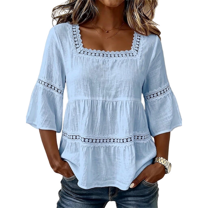 👚 Elegant Square Neck Summer Blouse – Breathable Bell Sleeve Top 🌿