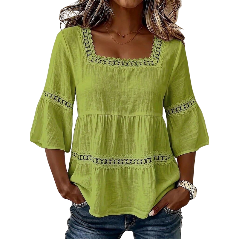 👚 Elegant Square Neck Summer Blouse – Breathable Bell Sleeve Top 🌿