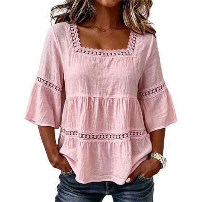 👚 Elegant Square Neck Summer Blouse – Breathable Bell Sleeve Top 🌿