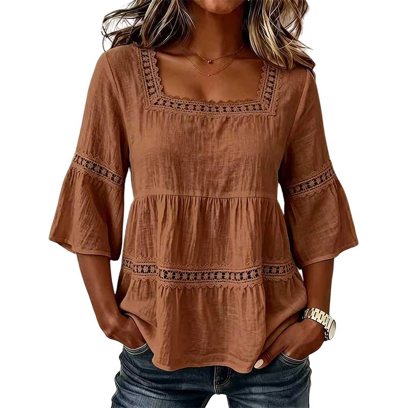 👚 Elegant Square Neck Summer Blouse – Breathable Bell Sleeve Top 🌿