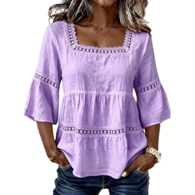 👚 Elegant Square Neck Summer Blouse – Breathable Bell Sleeve Top 🌿