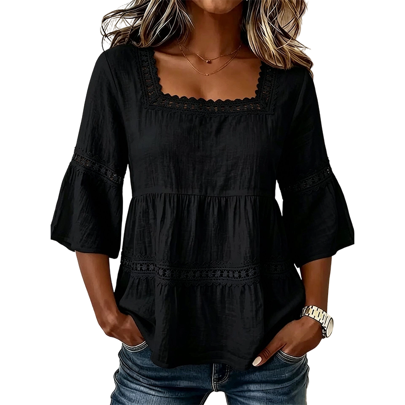 👚 Elegant Square Neck Summer Blouse – Breathable Bell Sleeve Top 🌿