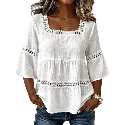 👚 Elegant Square Neck Summer Blouse – Breathable Bell Sleeve Top 🌿