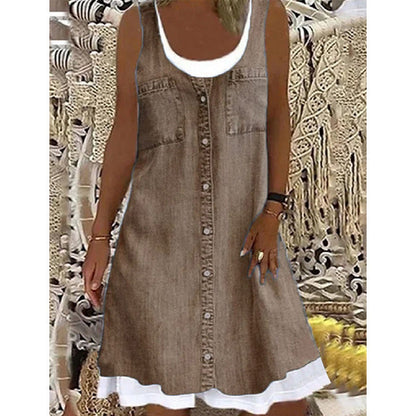 👗☀️Women's Faux Two-Piece Denim Print Dress - Throw It On And Look Instantly Put Together✨