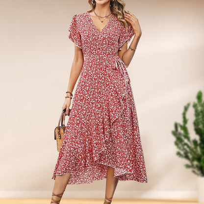👗Women’s Summer Elegant V Neck Tie Waist Flowy Floral Dress– Flattering Summer Chic✨