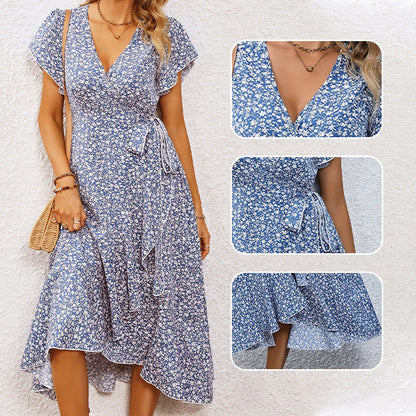 👗Women’s Summer Elegant V Neck Tie Waist Flowy Floral Dress– Flattering Summer Chic✨