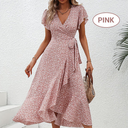 👗Women’s Summer Elegant V Neck Tie Waist Flowy Floral Dress– Flattering Summer Chic✨