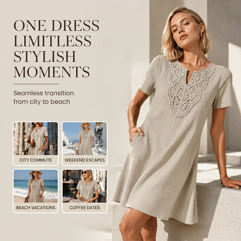 👗Women's Bohemian Lace V-Neck T-Shirt Dress – Effortless Summer Chic✨