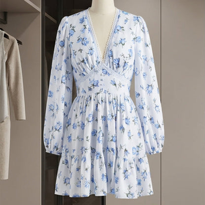 👗Women's Floral V-Neck Mini Dress – Lace Waist Summer Dress 🌸