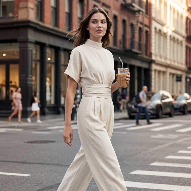 👗Women's Short Sleeve Mock Neck Wide-Leg Jumpsuit – Elegant All-in-One Outfit ✨
