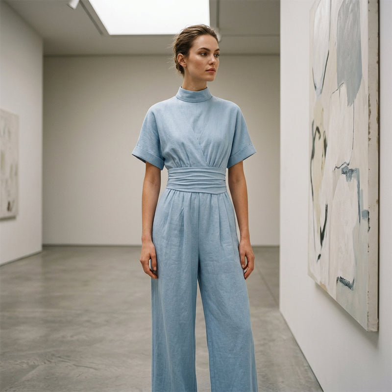 👗Women's Short Sleeve Mock Neck Wide-Leg Jumpsuit – Elegant All-in-One Outfit ✨