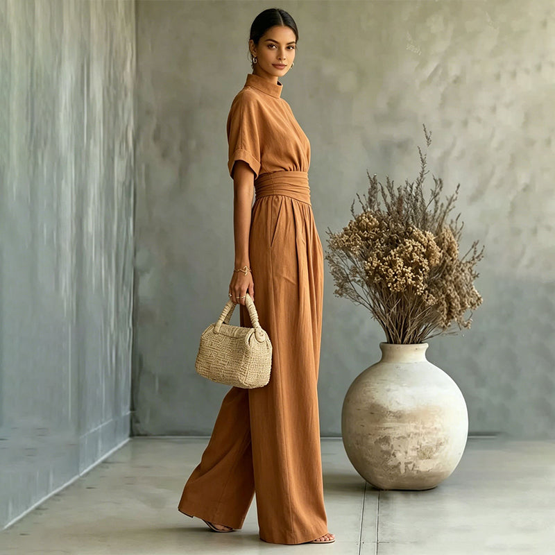 👗Women's Short Sleeve Mock Neck Wide-Leg Jumpsuit – Elegant All-in-One Outfit ✨