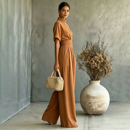 👗Women's Short Sleeve Mock Neck Wide-Leg Jumpsuit – Elegant All-in-One Outfit ✨