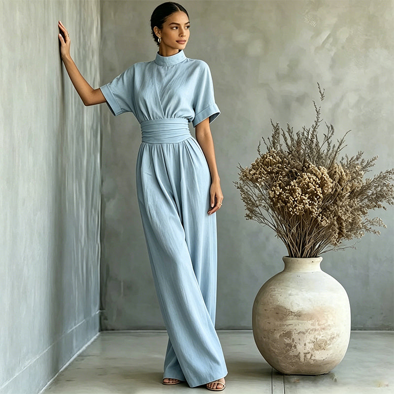 👗Women's Short Sleeve Mock Neck Wide-Leg Jumpsuit – Elegant All-in-One Outfit ✨