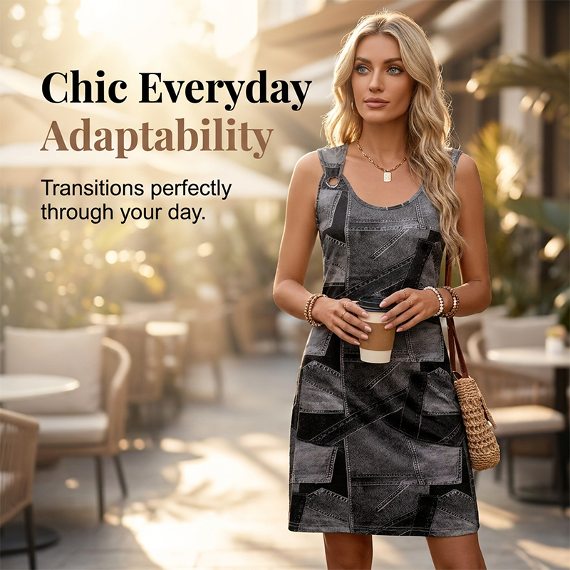 👗✨Women's Faux Denim Printed Sleeveless Dress – Breathable & Flattering 🔥