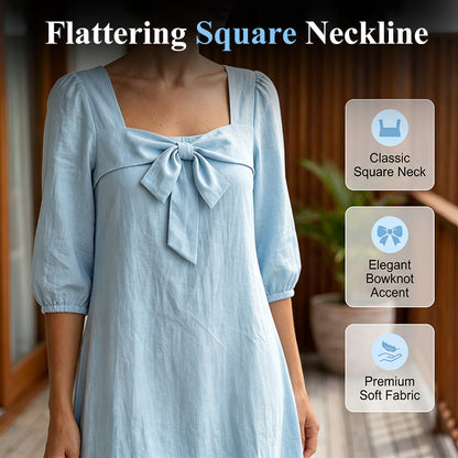 💙Casual Solid Color Midi Dress With Elegant Bowknot And Square Neck – Flattering Fit, Soft Fabric & Effortless Elegance ✨