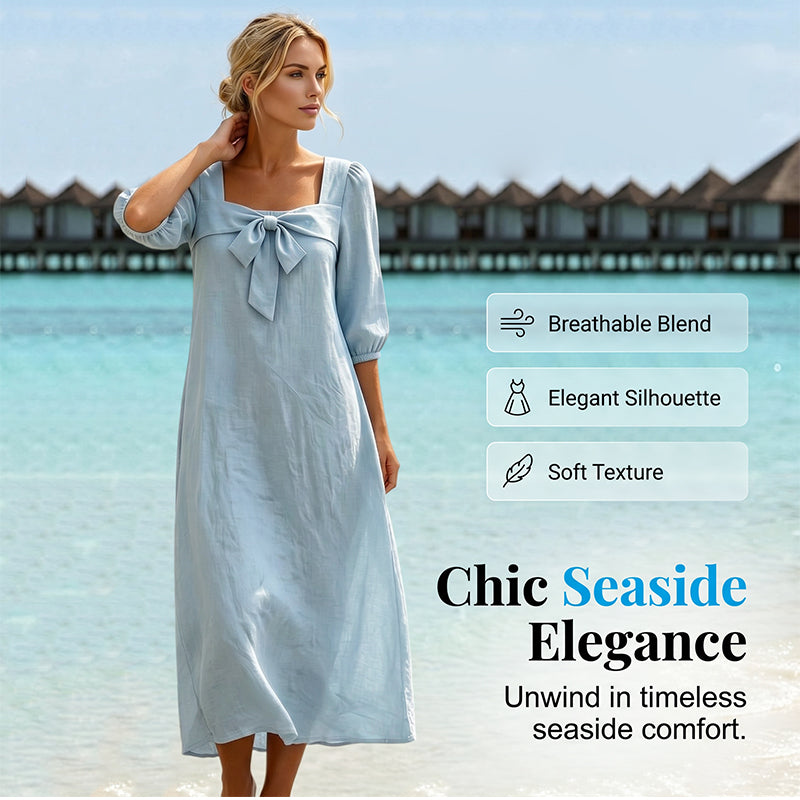 💙Casual Solid Color Midi Dress With Elegant Bowknot And Square Neck – Flattering Fit, Soft Fabric & Effortless Elegance ✨