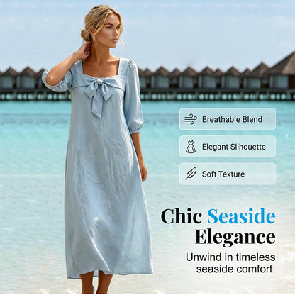 💙Casual Solid Color Midi Dress With Elegant Bowknot And Square Neck – Flattering Fit, Soft Fabric & Effortless Elegance ✨