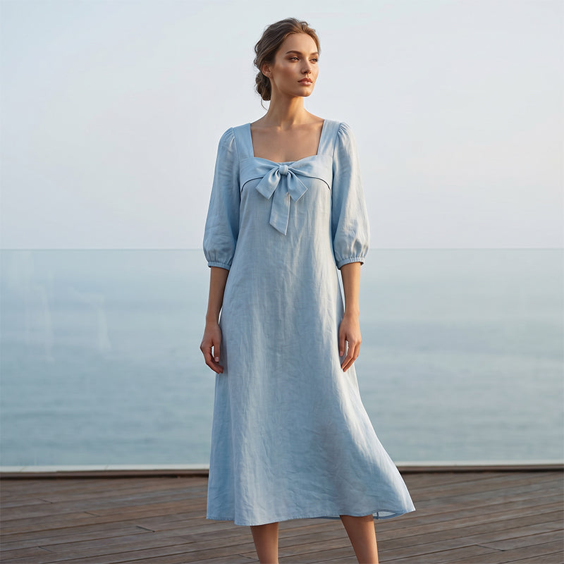 💙Casual Solid Color Midi Dress With Elegant Bowknot And Square Neck – Flattering Fit, Soft Fabric & Effortless Elegance ✨