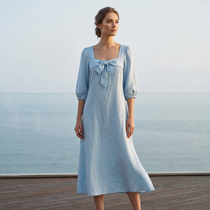 💙Casual Solid Color Midi Dress With Elegant Bowknot And Square Neck – Flattering Fit, Soft Fabric & Effortless Elegance ✨