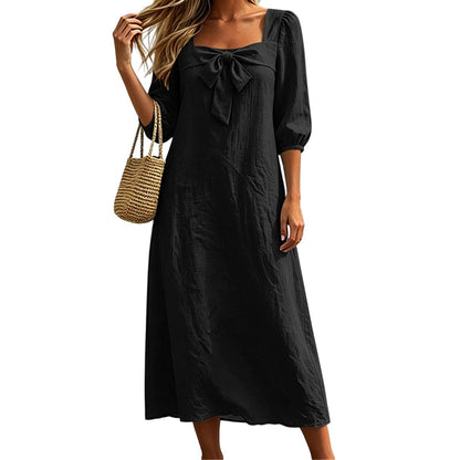 💙Casual Solid Color Midi Dress With Elegant Bowknot And Square Neck – Flattering Fit, Soft Fabric & Effortless Elegance ✨