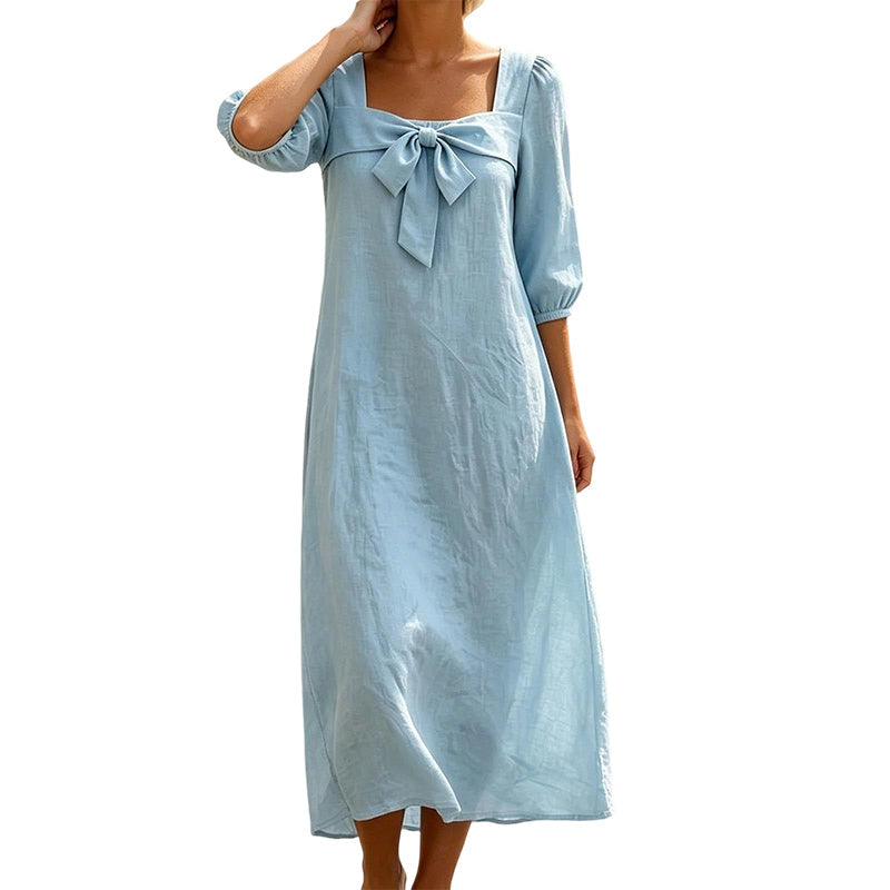💙Casual Solid Color Midi Dress With Elegant Bowknot And Square Neck – Flattering Fit, Soft Fabric & Effortless Elegance ✨