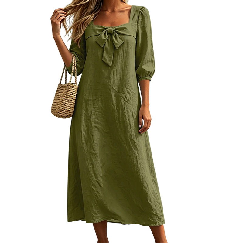 💙Casual Solid Color Midi Dress With Elegant Bowknot And Square Neck – Flattering Fit, Soft Fabric & Effortless Elegance ✨