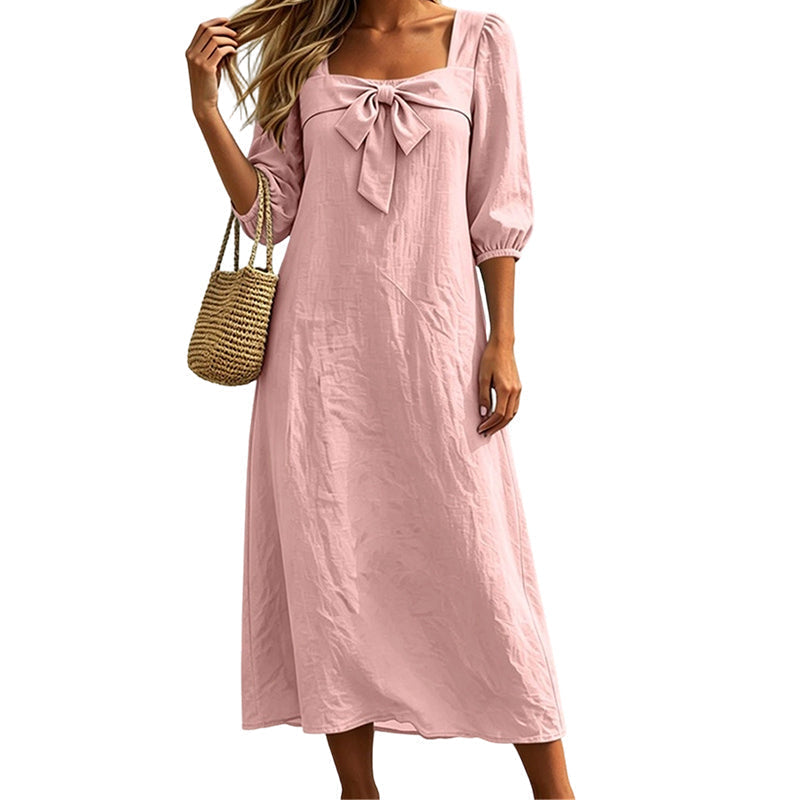 💙Casual Solid Color Midi Dress With Elegant Bowknot And Square Neck – Flattering Fit, Soft Fabric & Effortless Elegance ✨