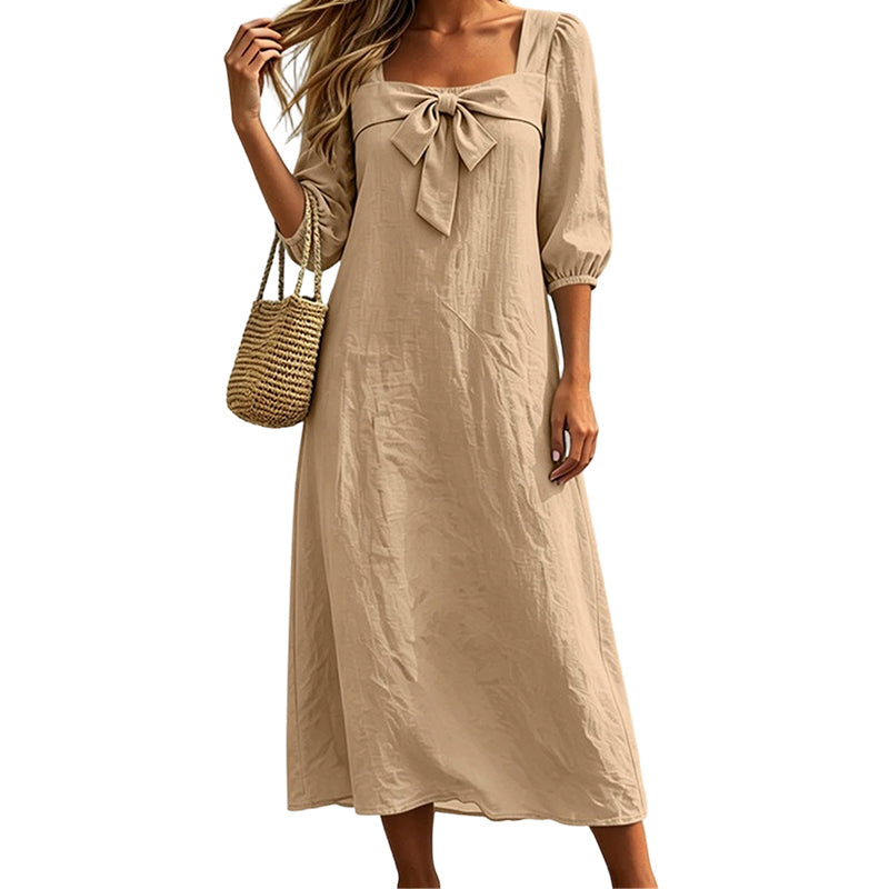 💙Casual Solid Color Midi Dress With Elegant Bowknot And Square Neck – Flattering Fit, Soft Fabric & Effortless Elegance ✨