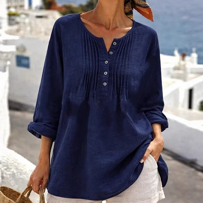 🔥👚2026 Summer Hot Sale⚡️Women's Long Sleeve Pleated Henley Neck Blouse✨Soft Breathable Elegant Casual Pleated Top Daily Commute Outfit💐
