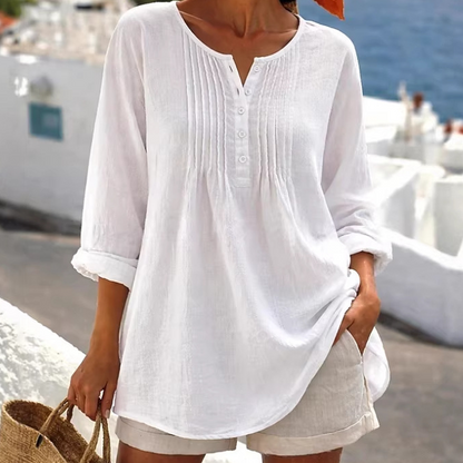 🔥👚2026 Summer Hot Sale⚡️Women's Long Sleeve Pleated Henley Neck Blouse✨Soft Breathable Elegant Casual Pleated Top Daily Commute Outfit💐